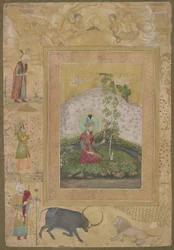 Humayun sitzt in einer Landschaft, aus dem späten Shah Jahan Album, abgelöstes Albumblatt, ca. 1650